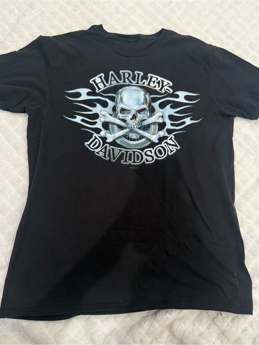 Harley-Davidson Black Tee with Pale Blue Skull & Crossbones